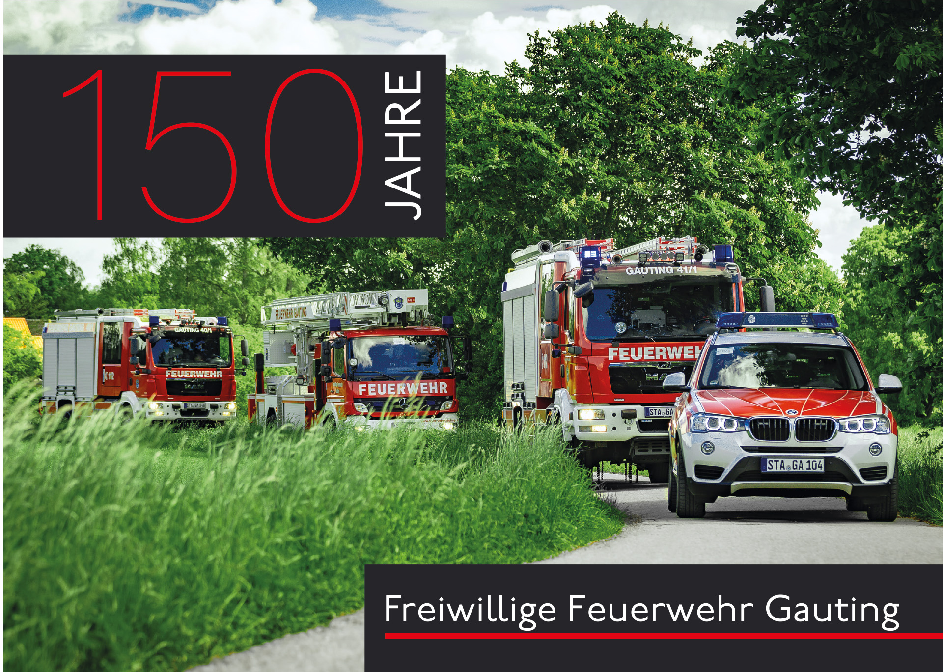 Cover der Feuerwehrschrift. Vier Feuerwehrfahrzeuge fahren hintereinander auf einer Landstraße